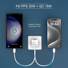 35W USB-A und USB-C Ladestecker lädt zwei Smartphones gleichzeitig mit PD PPS und QC Technologie.