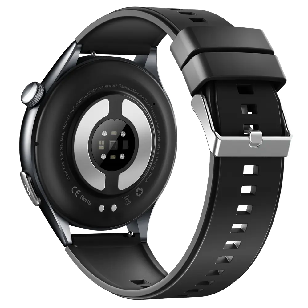 Smartwatch mit Herzfrequenz- und Gesundheitsmonitoring, schwarzes Armband, Rückseite mit Sensoren