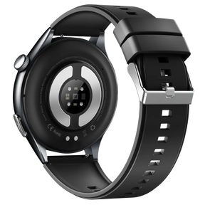 Smartwatch mit Herzfrequenz- und Gesundheitsmonitoring, schwarzes Armband, Rückseite mit Sensoren