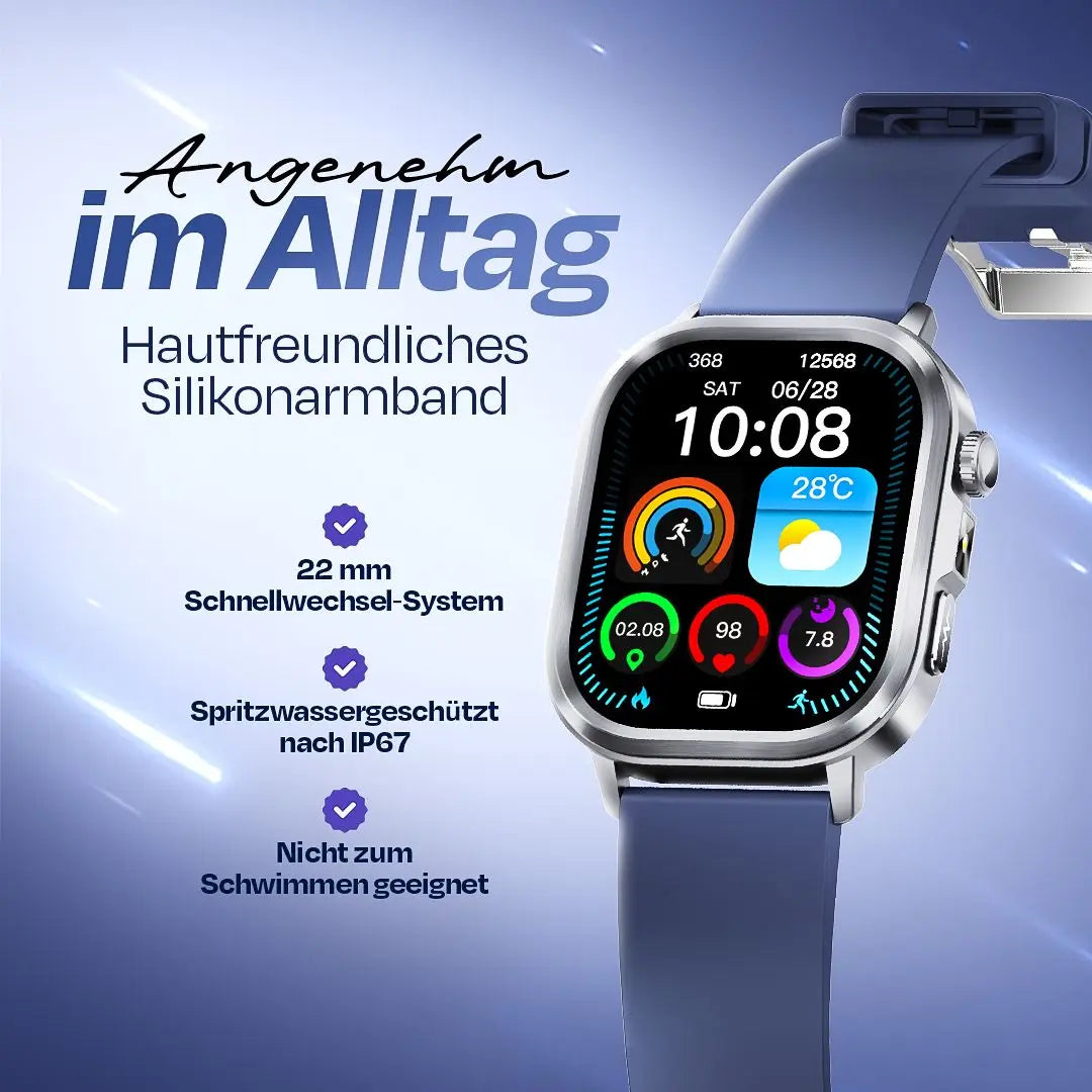 Smartwatch mit Gesundheitsmonitoring, blauem Silikonarmband, IP67, für Alltag – zeigt Herzfrequenz, Schlaf, Wetter