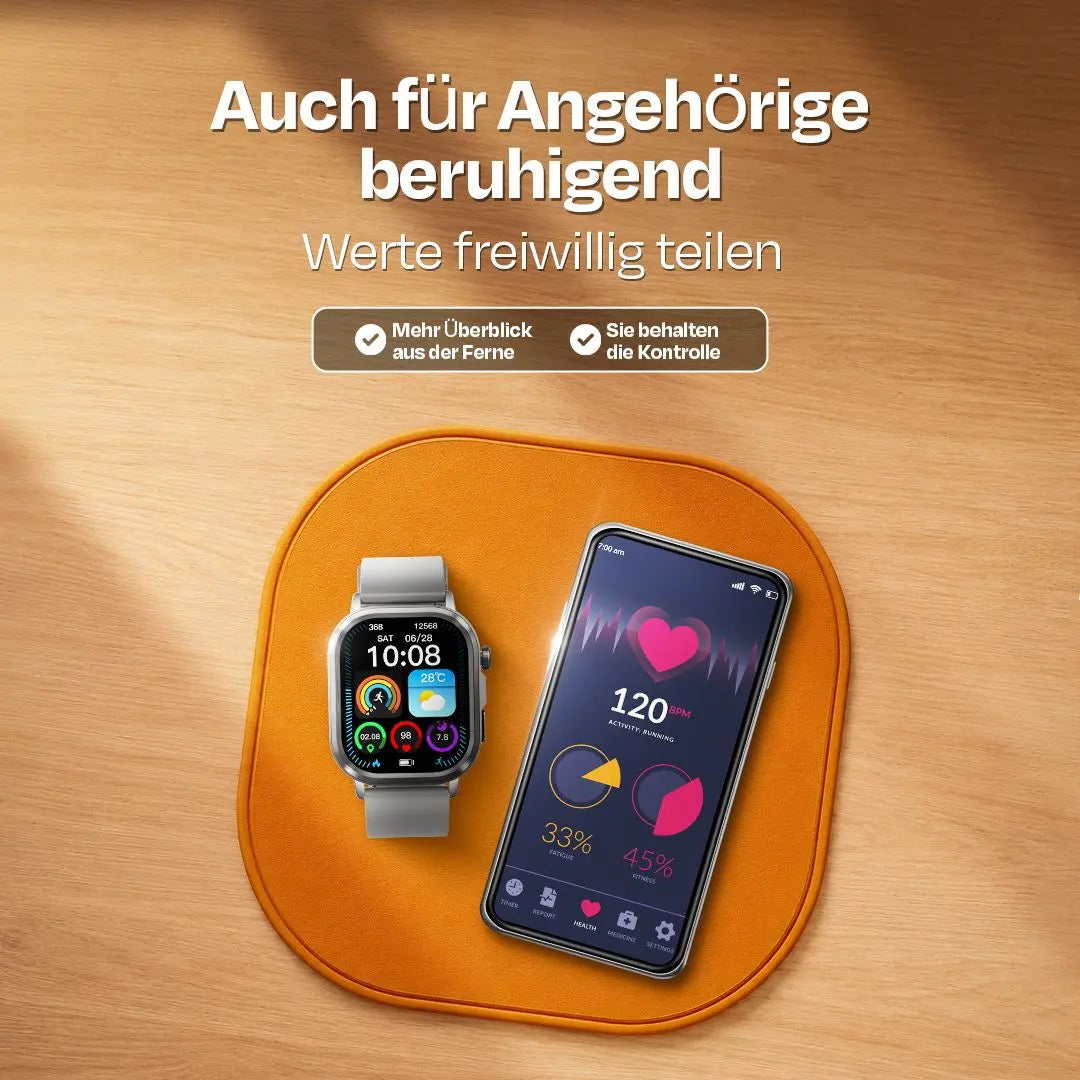 Smartwatch mit Gesundheitsmonitoring und Smartphone-Anzeige für Herzfrequenz, Schlaf & Aktivität auf Holzoberfläche