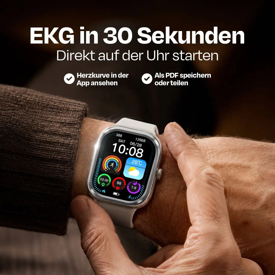 Smartwatch mit EKG-Funktion, Herzfrequenz und Wetteranzeige am Handgelenk