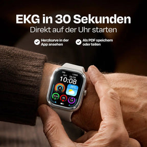 Smartwatch mit EKG-Funktion, Herzfrequenz und Wetteranzeige am Handgelenk
