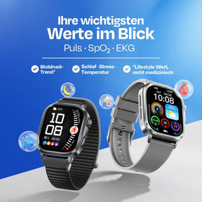 Smartwatch mit Gesundheitsmonitoring: Puls, SpO2, EKG, Schlaf & Stress – moderne Fitnessuhr für tägliche Werte