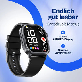 Smartwatch mit großem AMOLED-Display, Großdruck-Modus, Herzfrequenz & Schrittzähler, deutsch voreingestellt