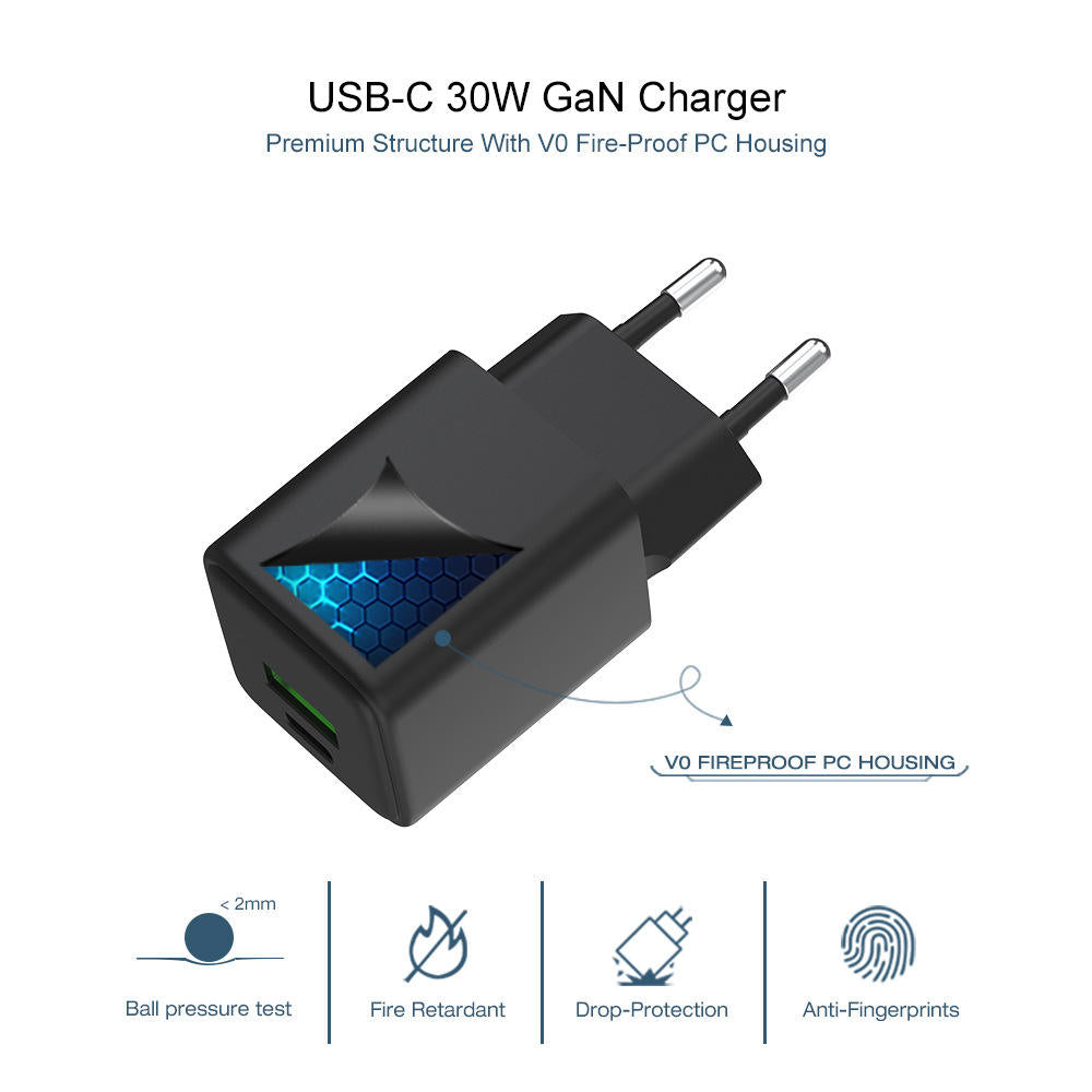 Kardena USB-C 30W GaN Ladegerät mit feuerfestem PC-Gehäuse in Schwarz