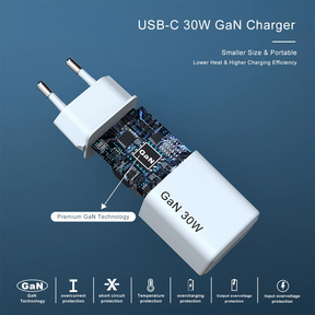 Kardena USB-C 30W GaN Ladegerät mit Ansicht der internen Technologie und Schutzfunktionen.