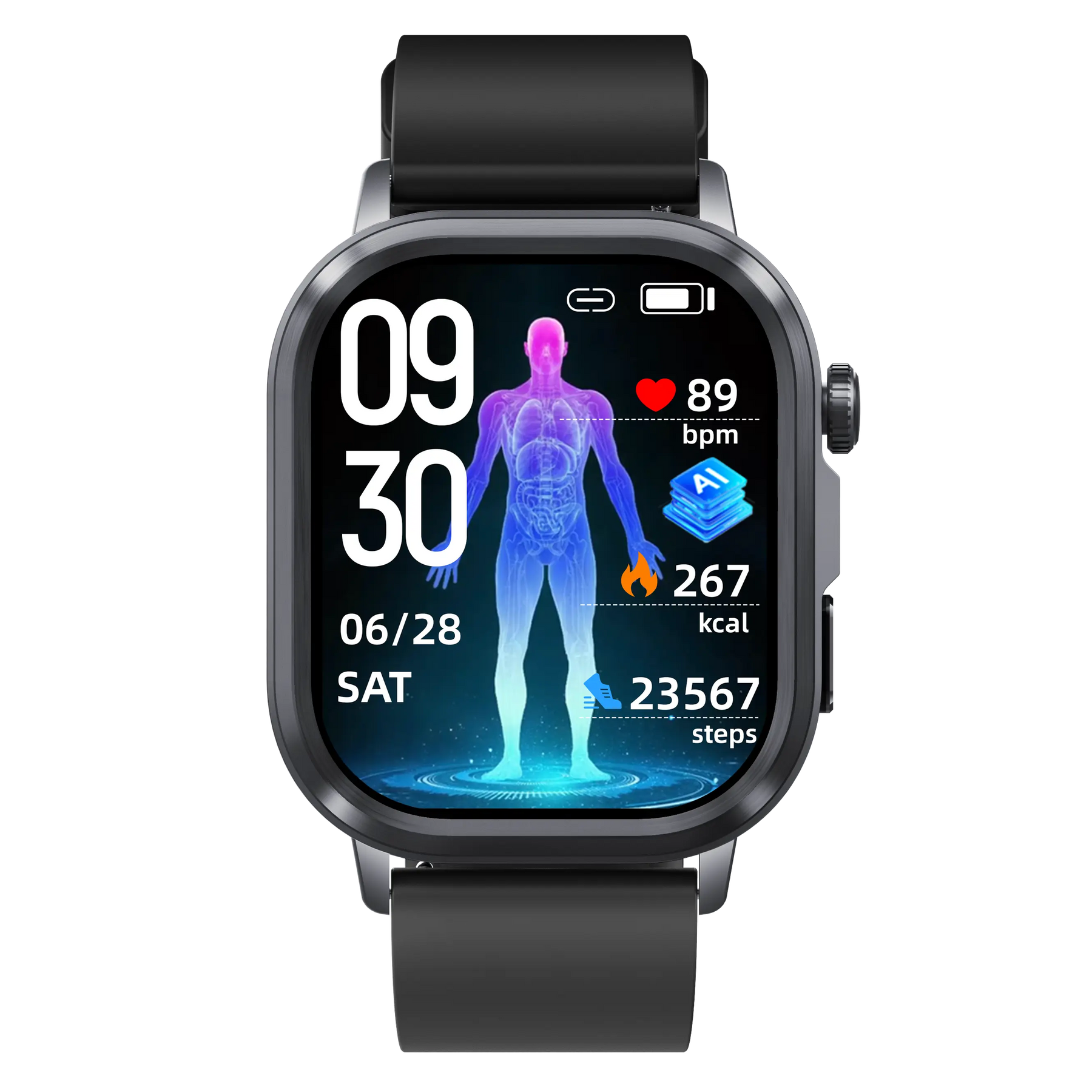 Smartwatch mit Gesundheitsmonitoring: Herzfrequenz, Kalorien, Schritte und AI-Analyse auf Display