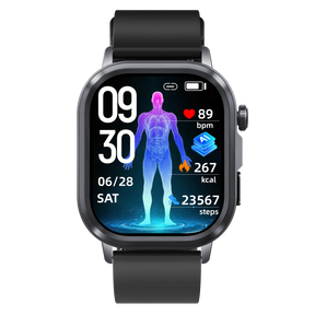 Smartwatch mit Gesundheitsmonitoring: Herzfrequenz, Kalorien, Schritte und AI-Analyse auf Display