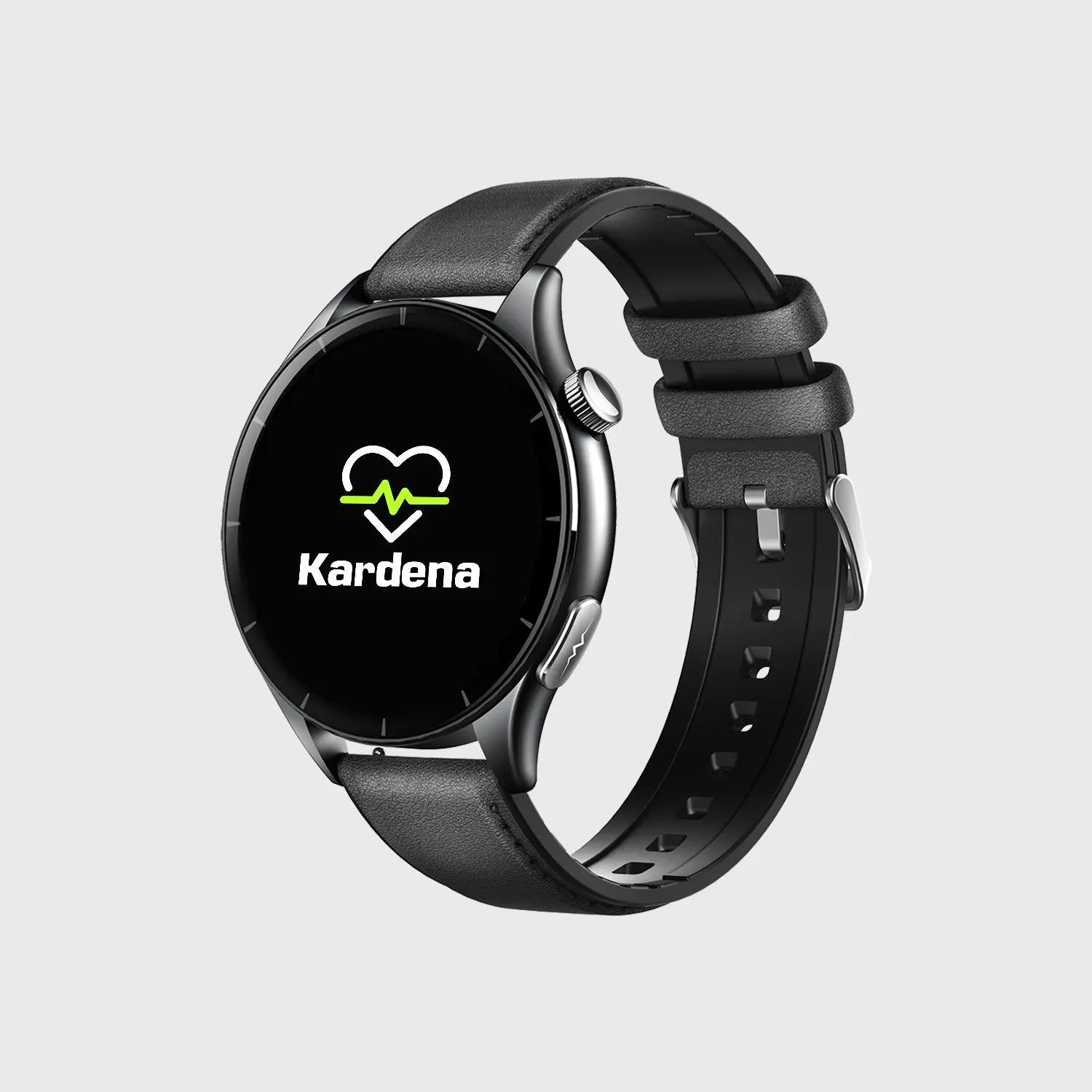 Kardena Gesundheitsuhr mit Herzfrequenz- und Gesundheitsmonitoring, schwarzem Lederarmband und klarem Display